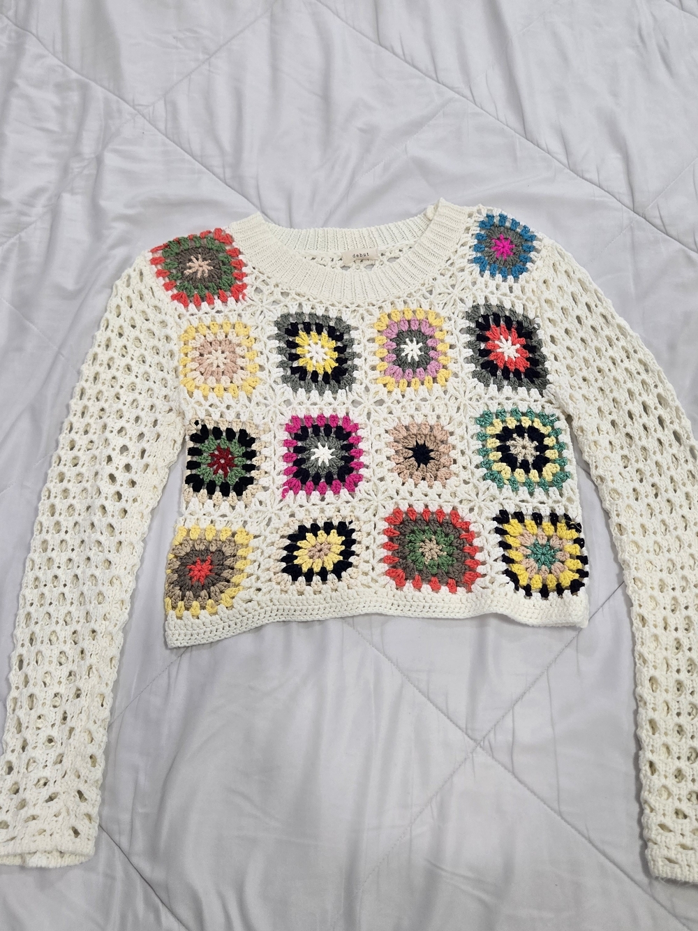 debut Cream Crochet Patchwork Crewneck Sweater with Multicolor Squares